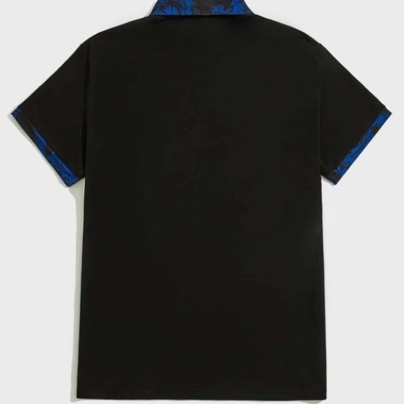 Black Casual Men's Tropical Print Polo Shirt - Picture 2 of 4